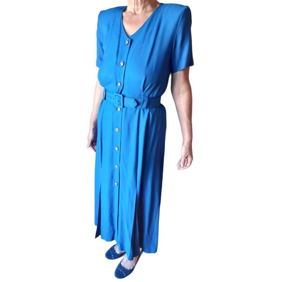 Vntg 80s Studio I Belted Blue Maxi Dress Sz 8 Modest Church Retro Shoulder Pads - Picture 3 of 9